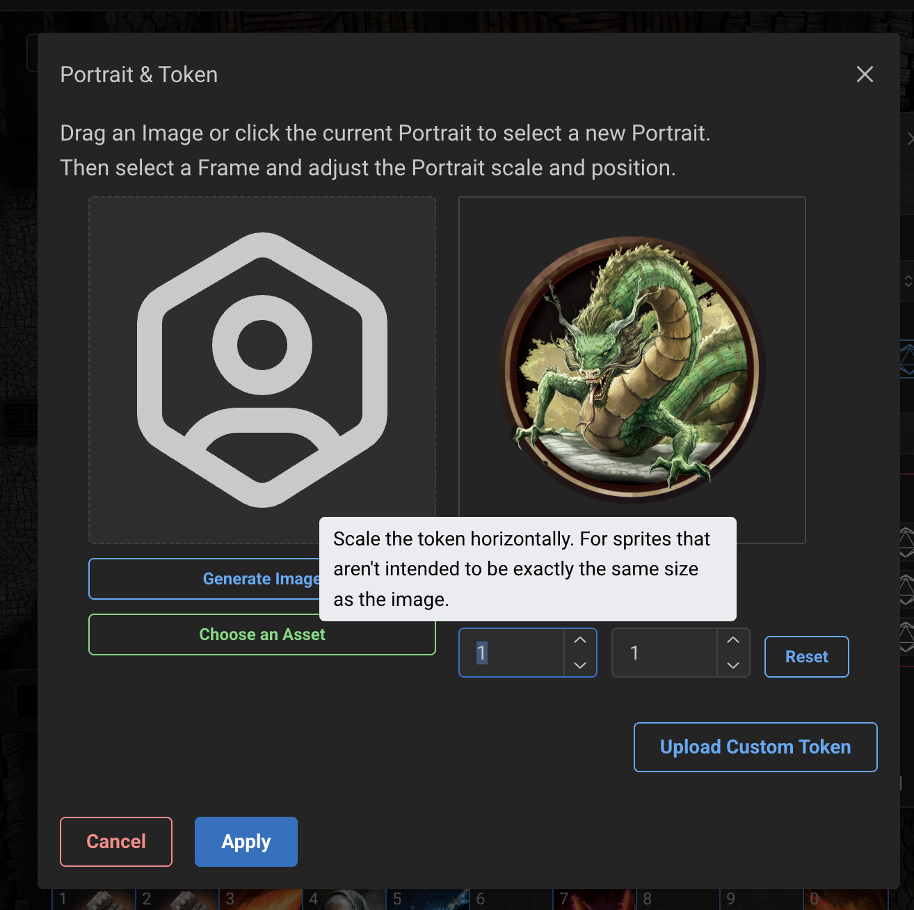Token scale adjustment dialog in Realm VTT