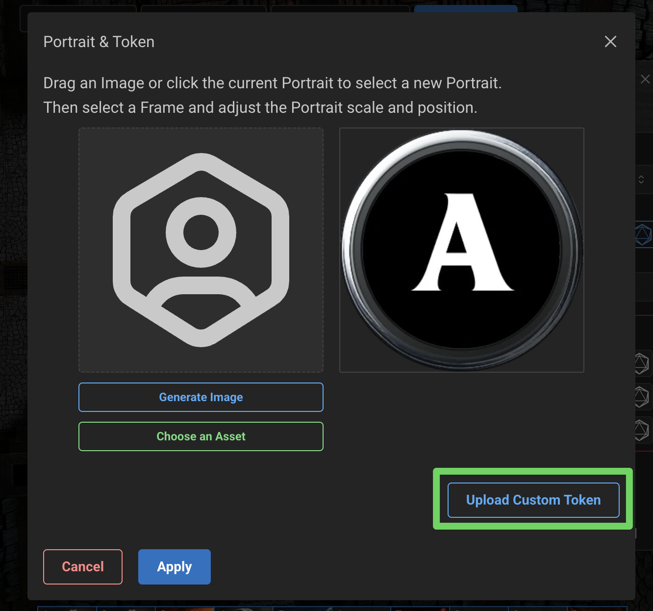Upload Custom Token button in Realm VTT